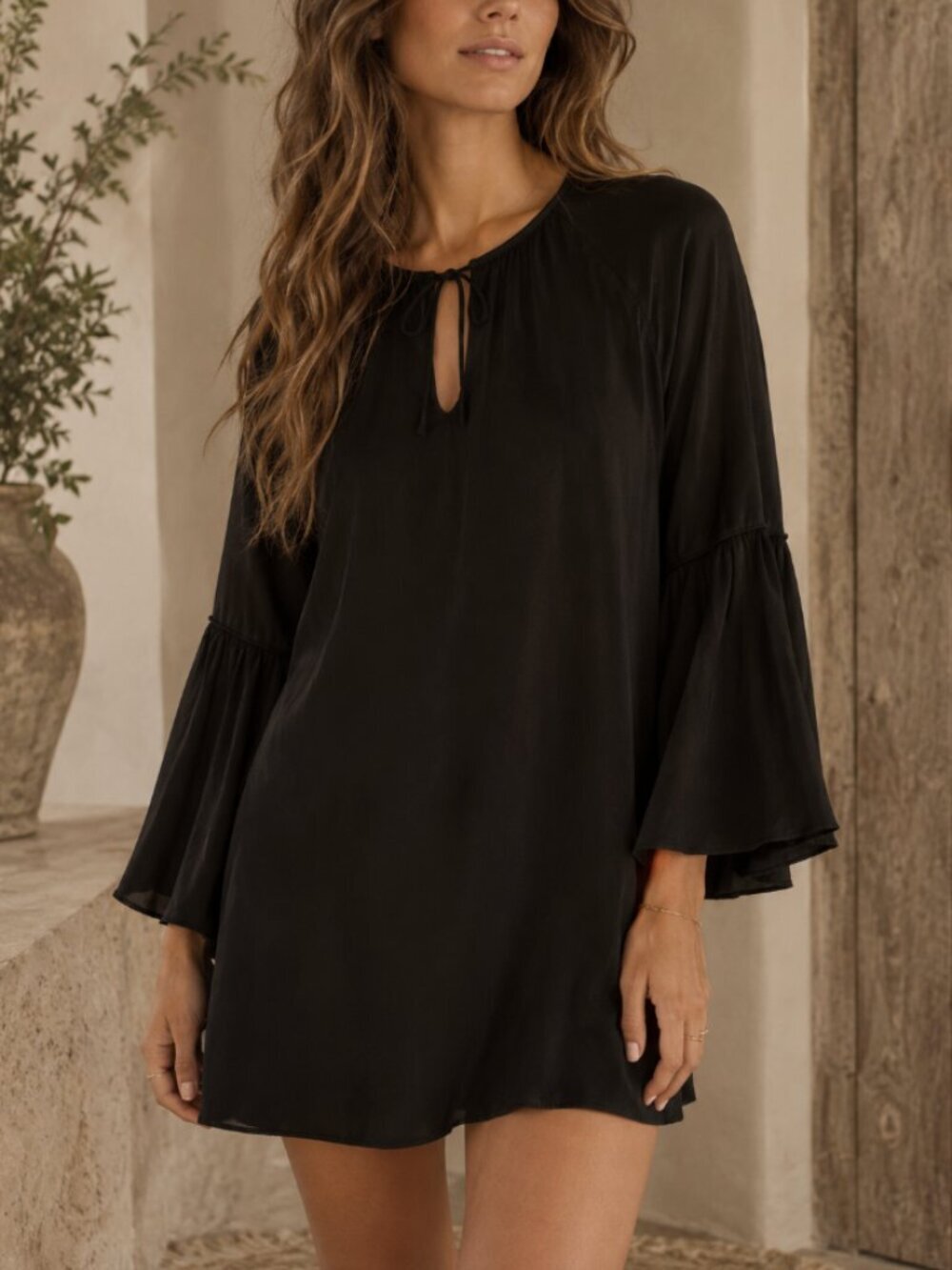 Calypso St. Barth Silk Flutter Bell Sleeve Keyhole Neckline Dress Black Size XS